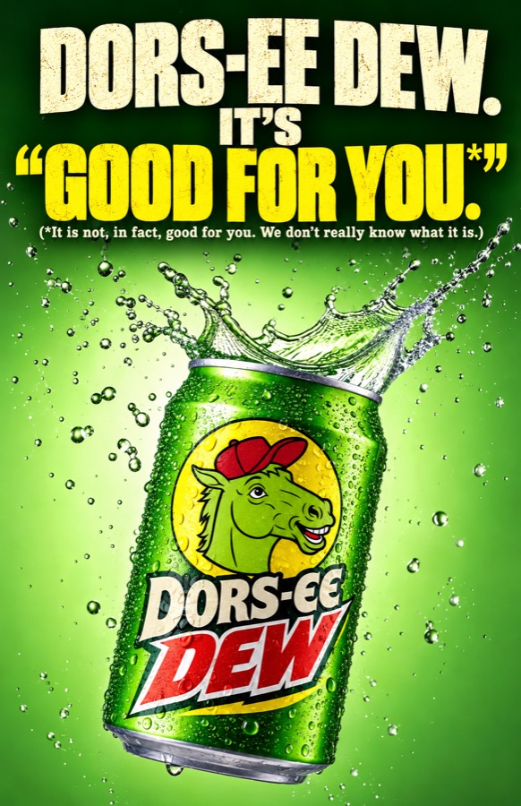 Dors-ee Dew can splashing out of green soda