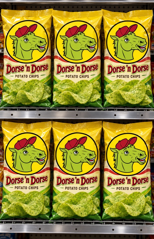 Shelves stocked with Dorse 'n Dorse potato chips
