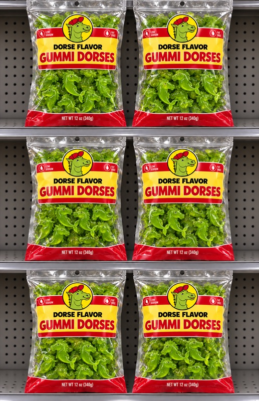 Green gummy Dorse bags on a retail shelf